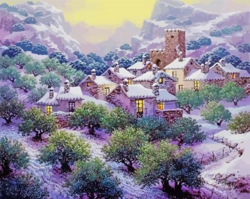 Olive Tree And Houses Art Diamond Painting