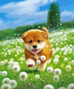 Shiba Puppy In Flower Field Diamond Painting