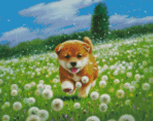 Shiba Puppy In Flower Field Diamond Paintings