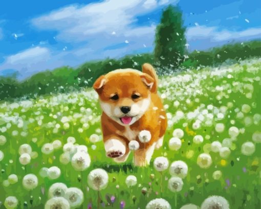 Shiba Puppy In Flower Field Diamond Painting