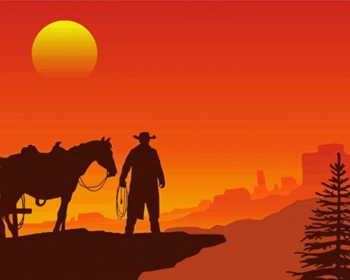 Gaucho In A Wild West Sunset Western Landscape Diamond Painting