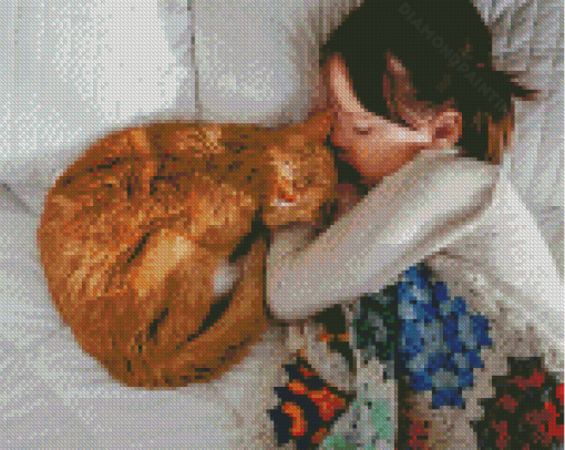 Girl Sleeping With Cat Diamond Paintings