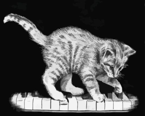 Monochrome Cat On Piano Diamond Painting