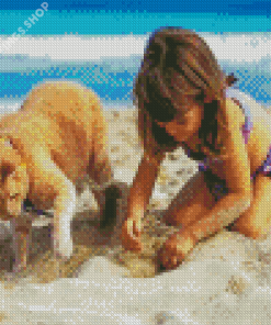 Little Girl And Cat Digging In The Sand Diamond Painting