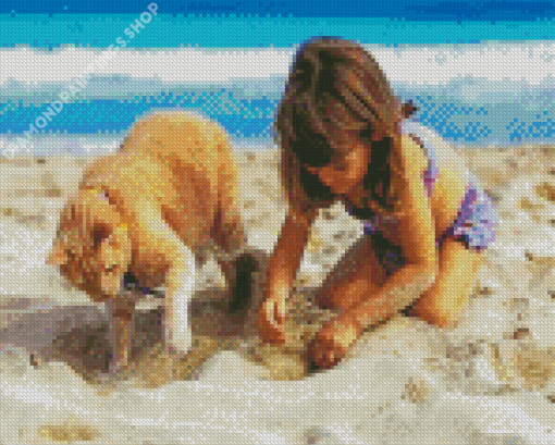 Little Girl And Cat Digging In The Sand Diamond Painting