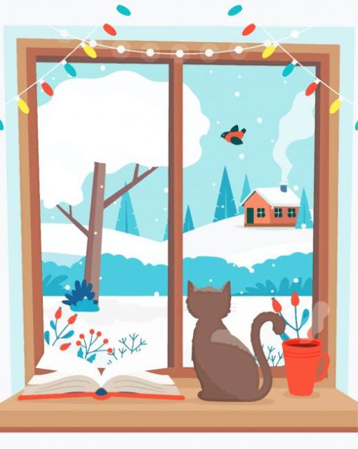 Winter Cat With Coffee Diamond Painting