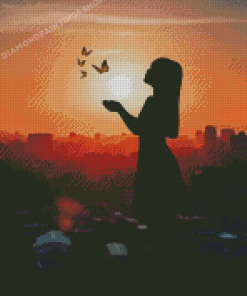 Butterfly Woman Sunset Silhouette Diamond Painting