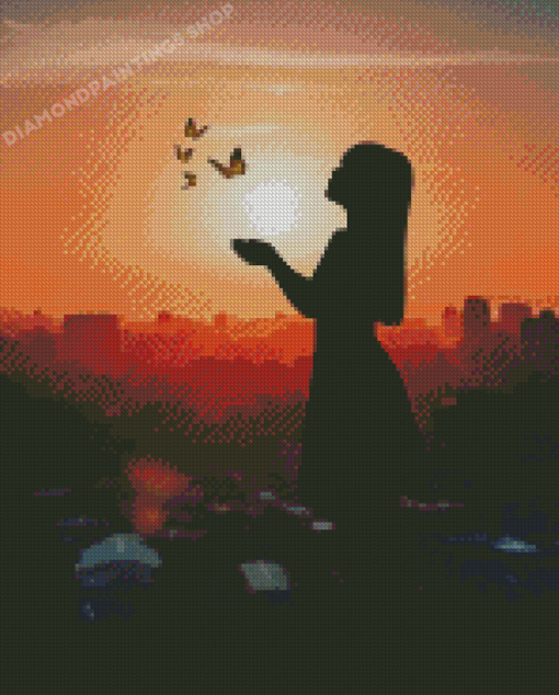 Butterfly Woman Sunset Silhouette Diamond Painting