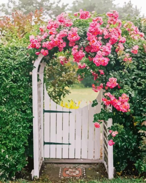 Garden gate pink flowers Diamond Paintings