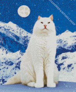 White Cat And Moon On Snowy Mountain Diamond Dotz