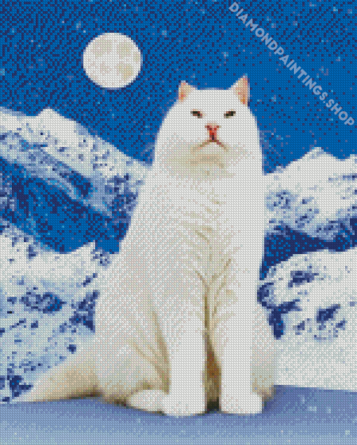 White Cat And Moon On Snowy Mountain Diamond Dotz