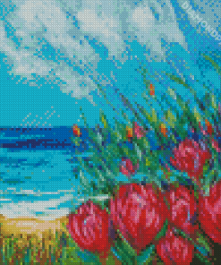 pink Flowers with seascape Diamond By Numbers