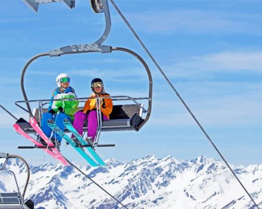 snowboarders on Ski lift Diamond Dotz