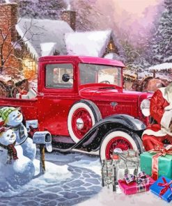 christmas with red truck and santa claus Diamond Paintings