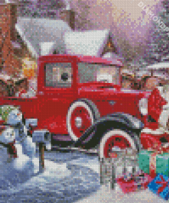 christmas with red truck and santa claus Diamond Paintings