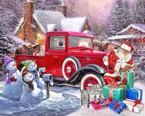 christmas with red truck and santa claus Diamond Paintings