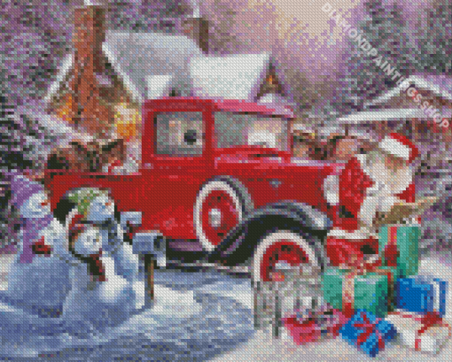 christmas with red truck and santa claus Diamond Paintings