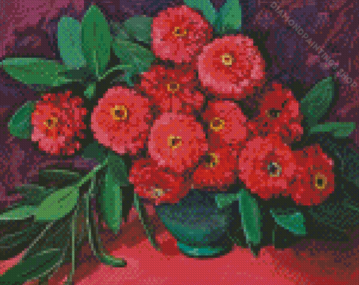 red zinnias flowers by Jane peterson Diamond By Numbers