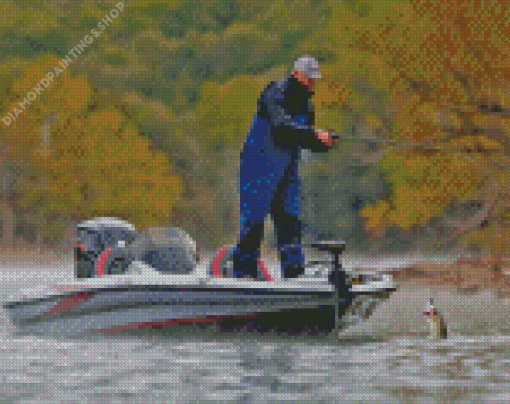 Man Fishing on Bass boat Diamond By Numbers