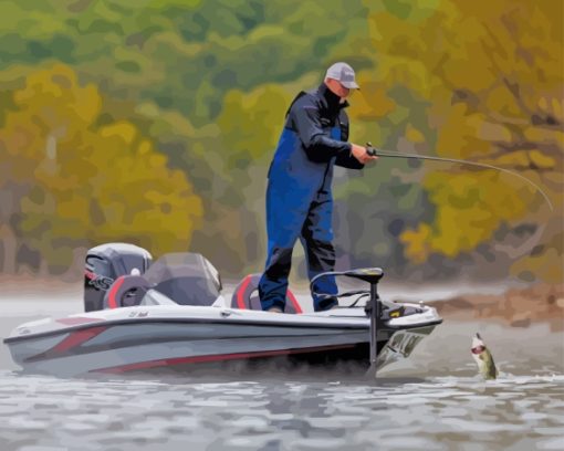 Man Fishing on Bass boat Diamond By Numbers