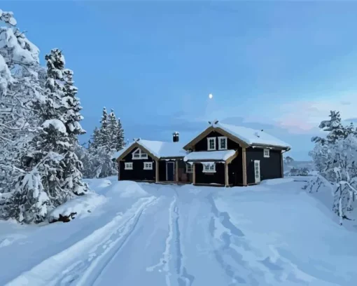 black norwegian cabin in the snow Diamond Dotz
