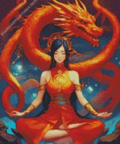 asian female and red dragon Diamond Paintings
