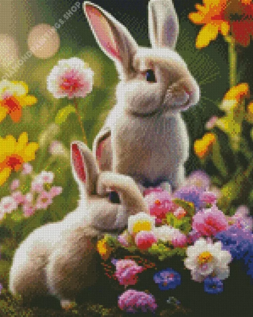 blonde bunnies and flowers Diamond Paintings