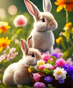blonde bunnies and flowers Diamond Paintings
