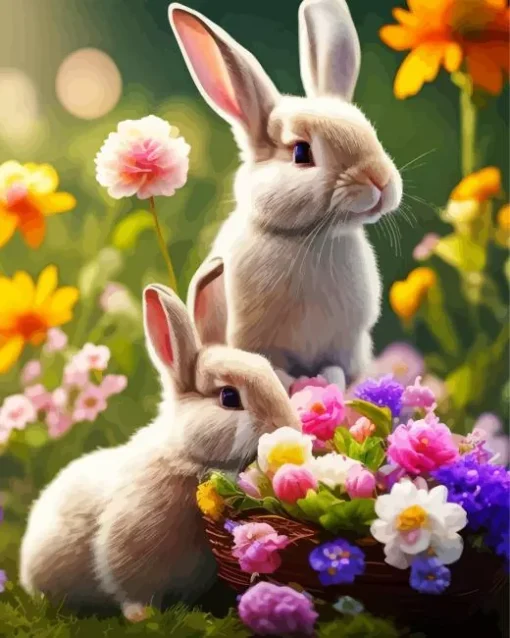 blonde bunnies and flowers Diamond Paintings