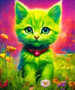 green cat and flowers Diamond Paintings
