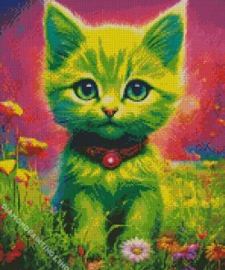 green cat and flowers Diamond Paintings