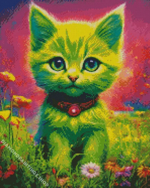 green cat and flowers Diamond Paintings