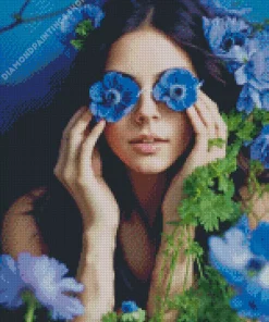 lady face and blue flowers Diamond With Numbers