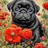 Black Pug Puppy And Flowers Diamond Painting