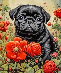 Black Pug Puppy And Flowers Diamond Painting