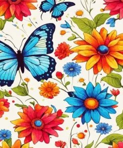 Blue Butterfly And Flowers Diamond Painting