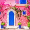Blue House With Pink Door Diamond Painting