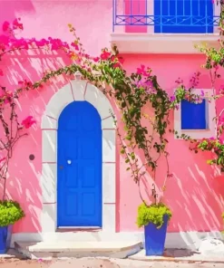Blue House With Pink Door Diamond Painting