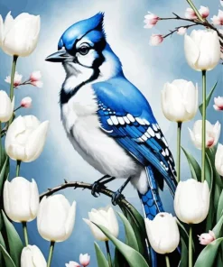 Blue Jay And Tulips Diamond Painting