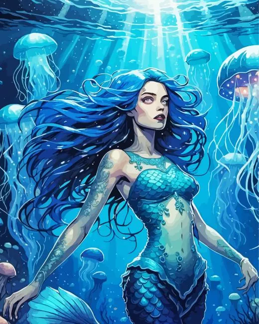 blue mermaid underwater Diamond With Numbers Blue Mermaid Underwater Diamond Painting