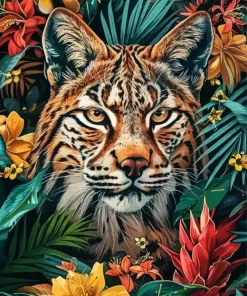 Bobcat Face Among Flowers Diamond Painting
