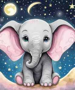 Cute Elephant And Moon Diamond Painting