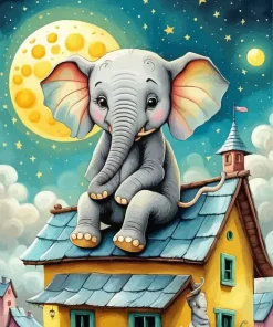 Elephant And Moon Cartoon Diamond Painting