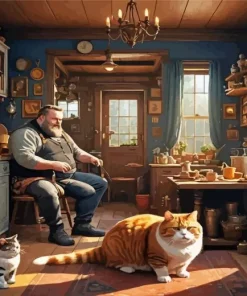 Fat Man And Cats Diamond Painting