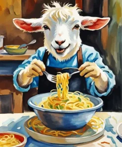 Goat Eating Noodles Diamond Painting