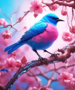 Blue And Pink Bird On Branch Diamond Painting