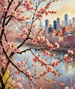 Boston City Cherry Blossom Diamond Painting