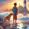 Boy And Dog Watching Lighthouse Diamond Painting