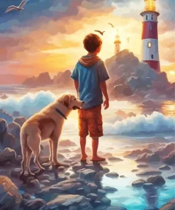 Boy And Dog Watching Lighthouse Diamond Painting