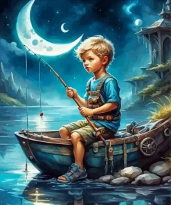 Boy Fishing At Night Diamond Painting